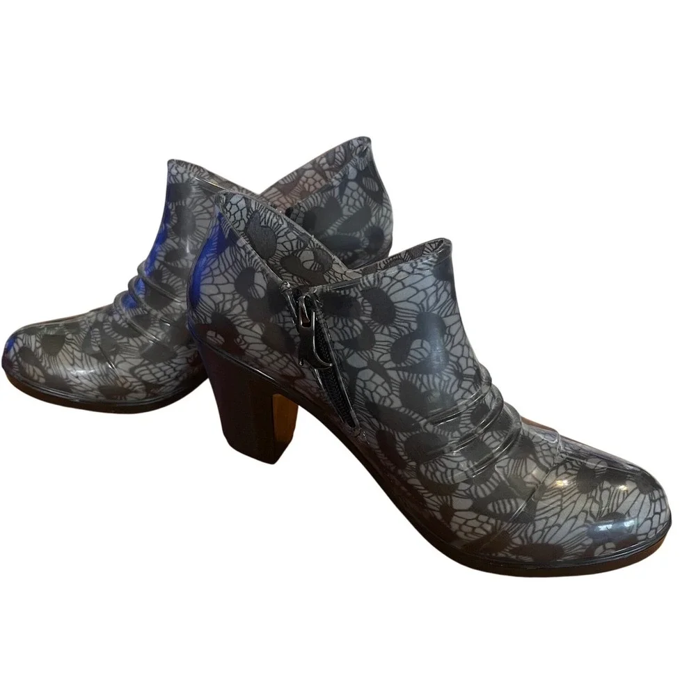 SANMM Black Dark‎ Romantic Heeled Block Rain Boot, Rubber Size 40/9 Waterproof